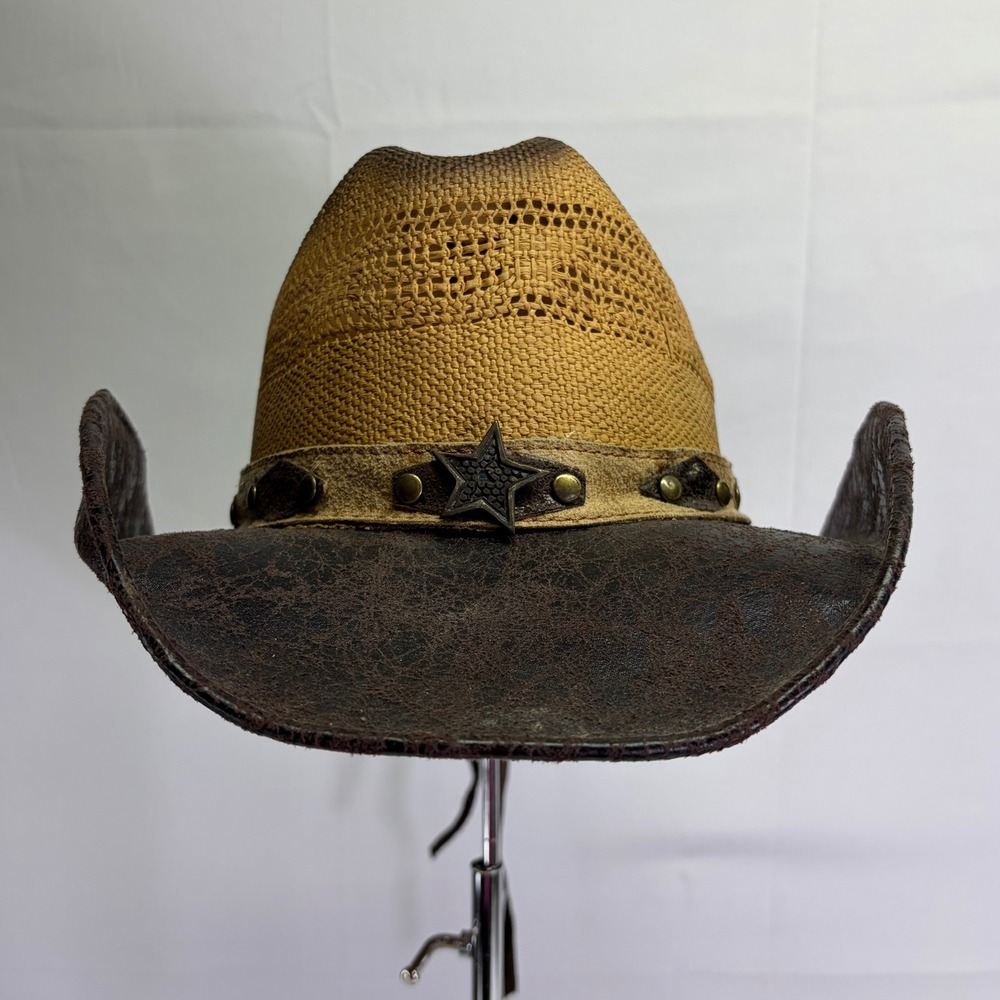 Bullhide Straw Leather Cowgirl Cowboy Hat Unisex Small Brown Star Western Rodeo